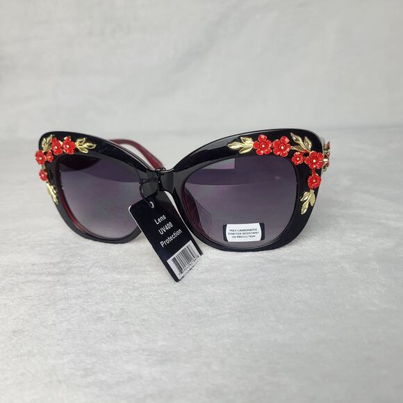 Statement Floral Embellished Cat-Eye Sunglasses Black Frame Red Gold Accents - Picture 2 of 10